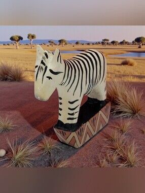Hand Carved Bali Wood Zebra On Stand Hand Painted Indonesia Figurine Vintage. T